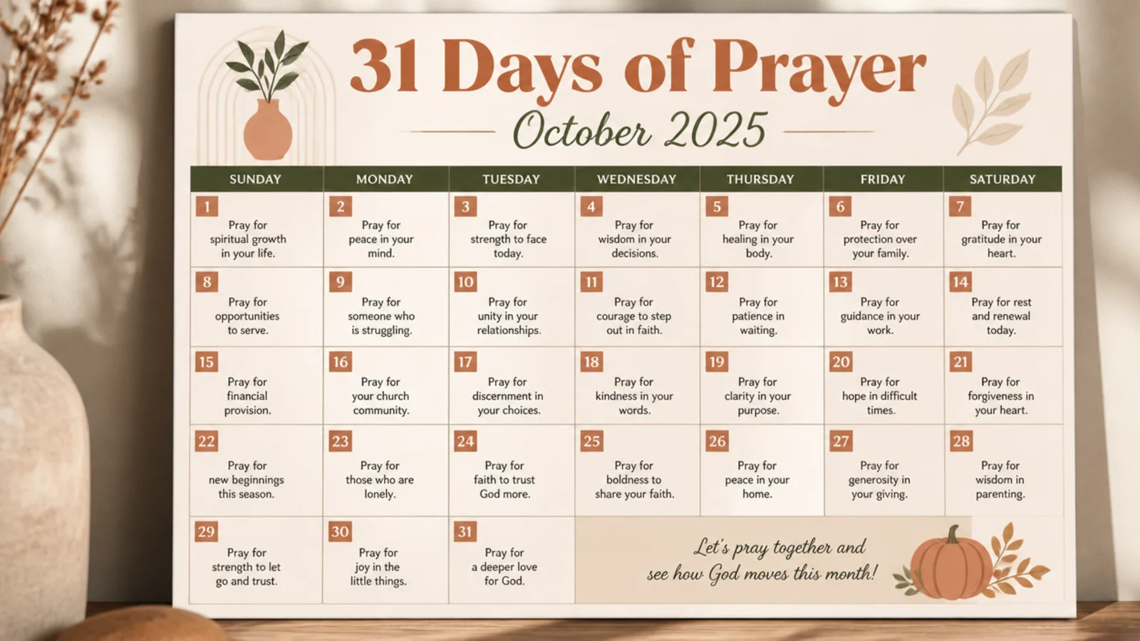 A printable month calendar with a daily prayer focus in each date box, laminated on a board.