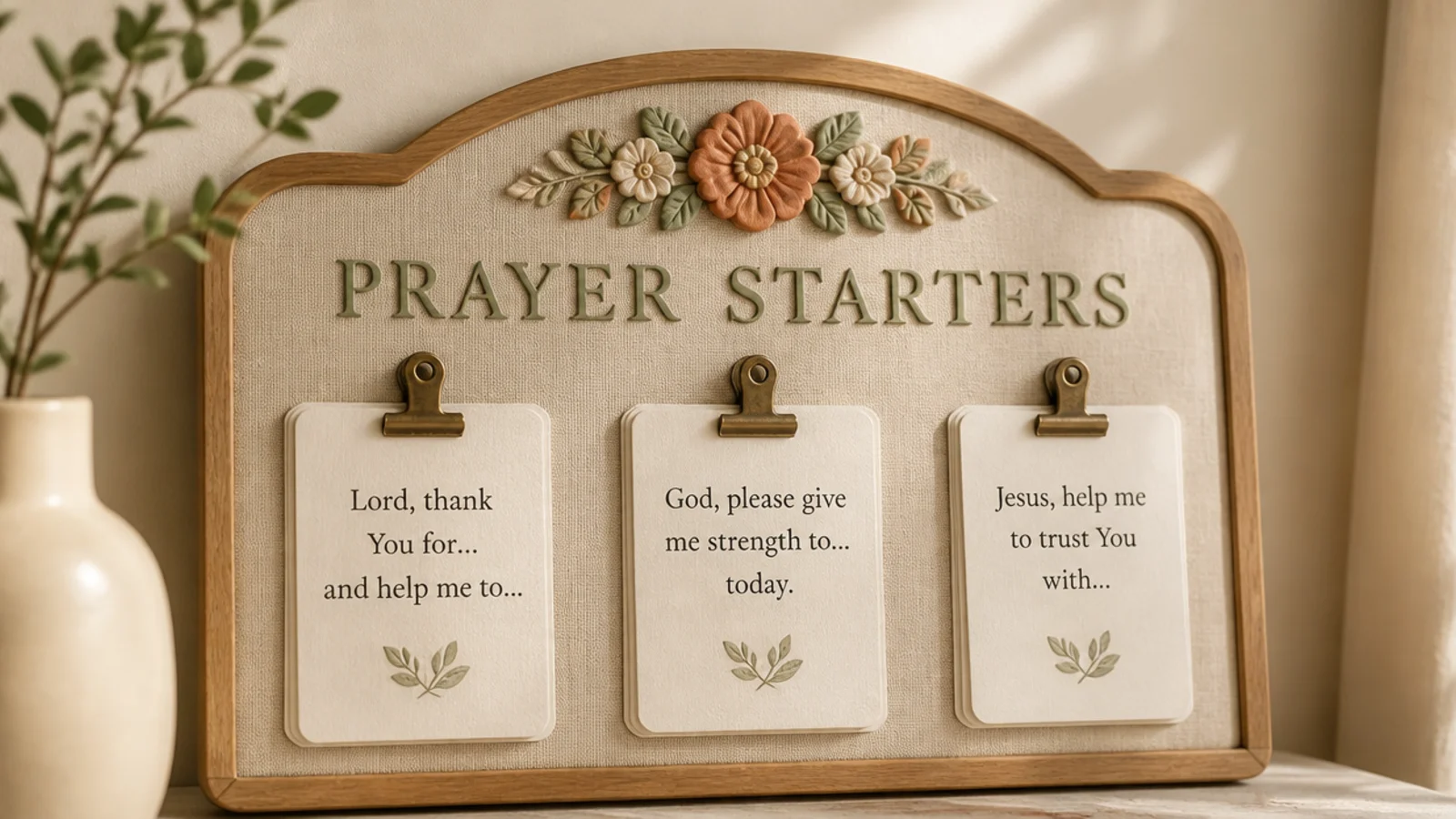 A small stack of printable prompt cards each with a short prayer starter, clipped to the board.
