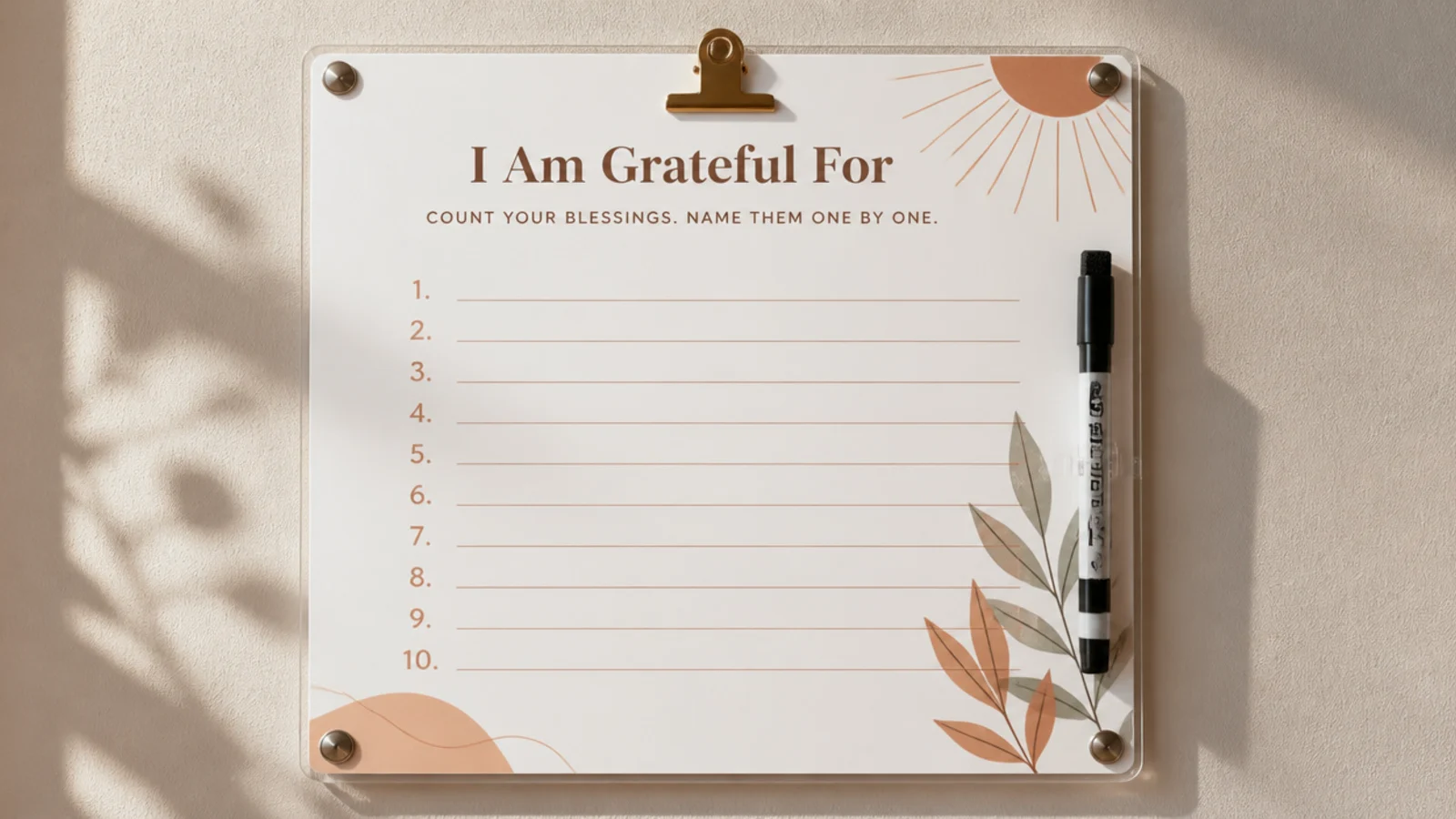 A printable gratitude sheet with numbered lines, laminated and mounted with a marker clipped nearby.