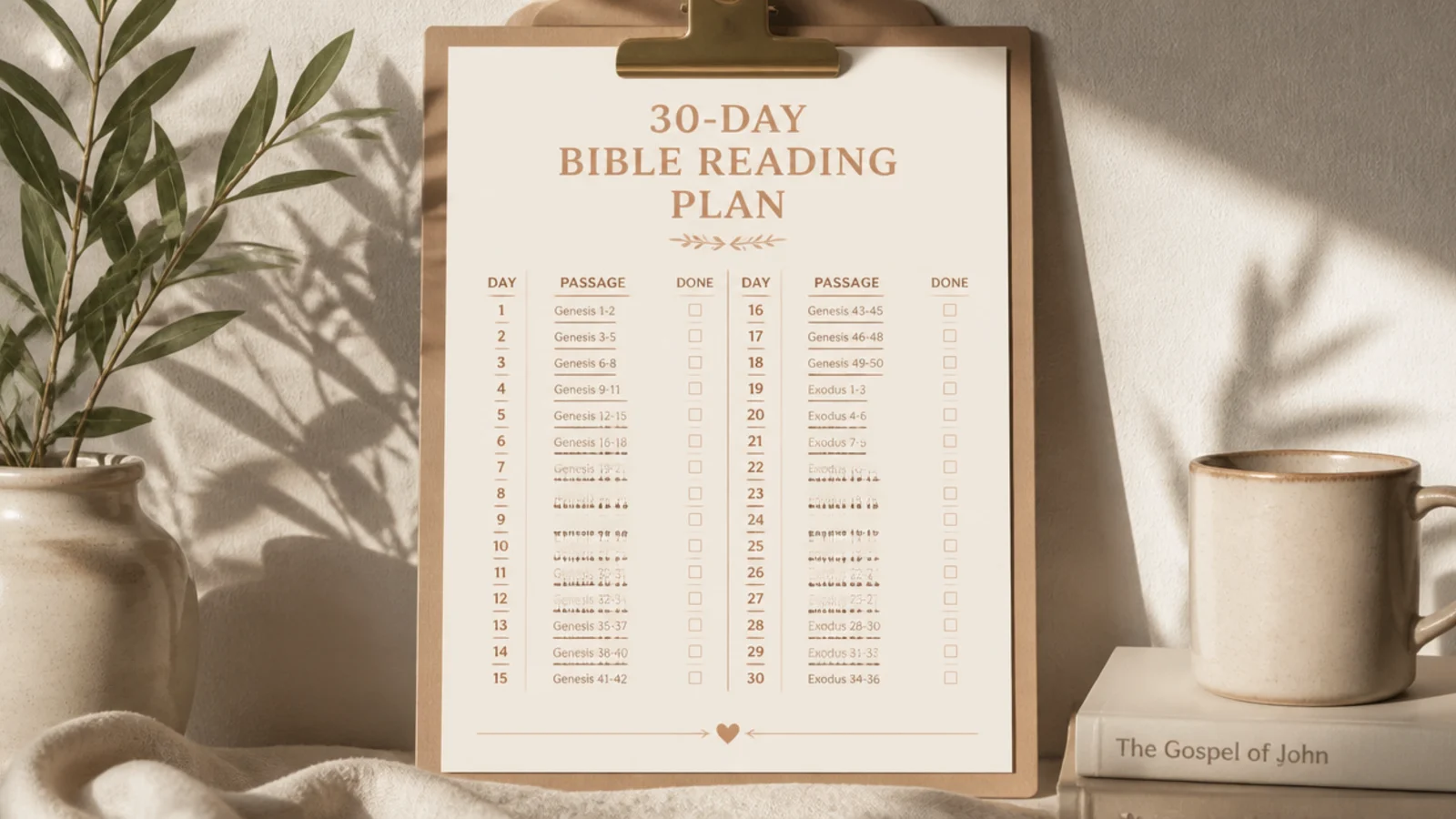A printable reading-plan checklist with boxes to tick each passage, mounted on a board.