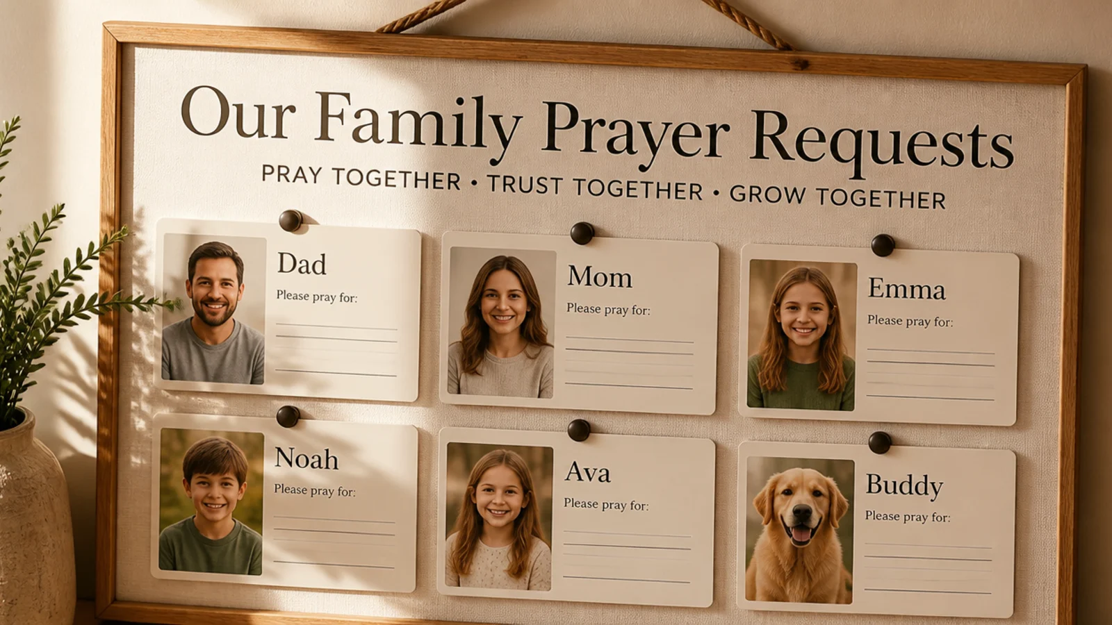 Printable cards with a photo spot and fill-in lines for each family member's requests, in a grid.