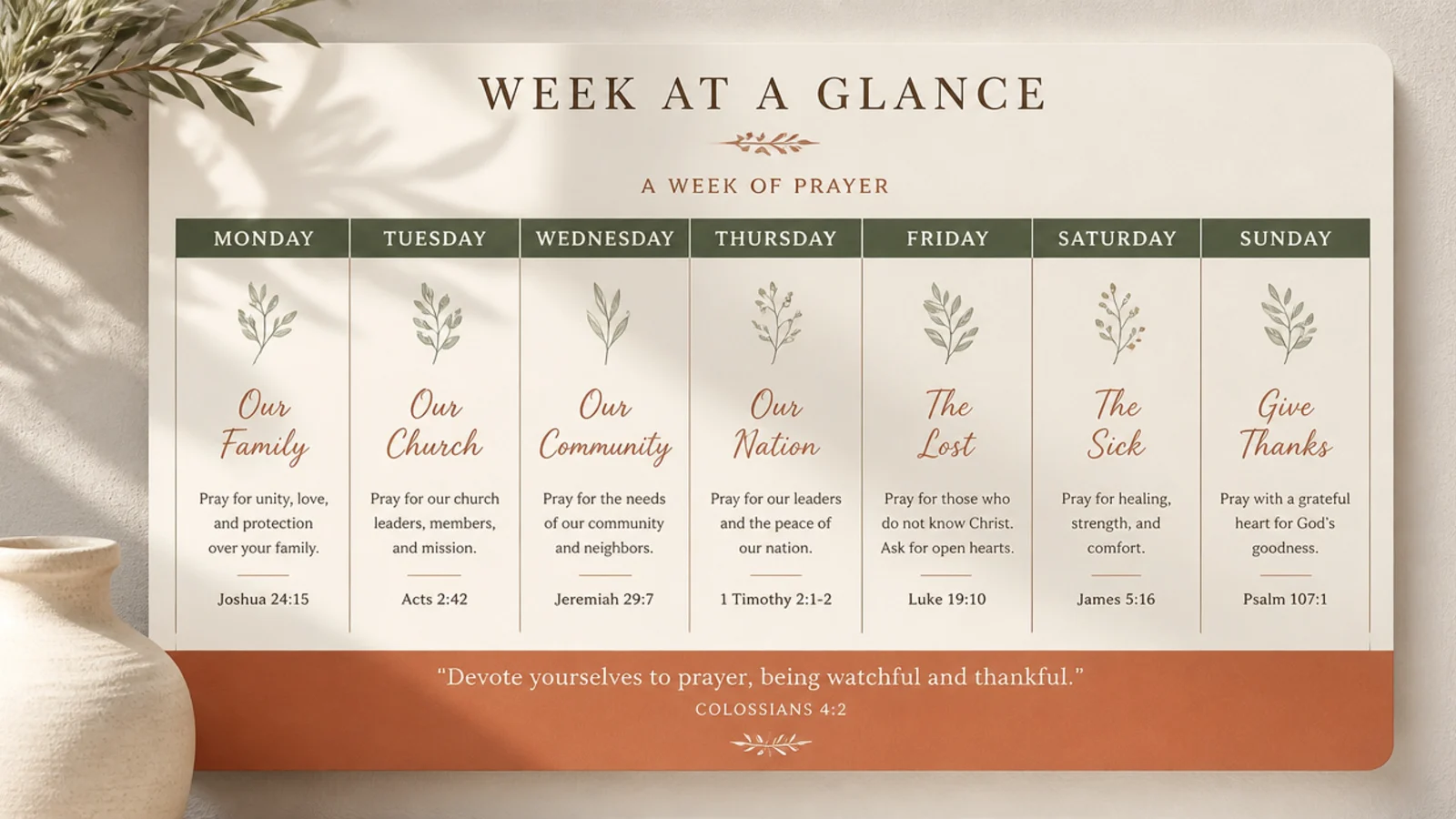A printable week-at-a-glance planner with a prayer focus per day, laminated on a board.