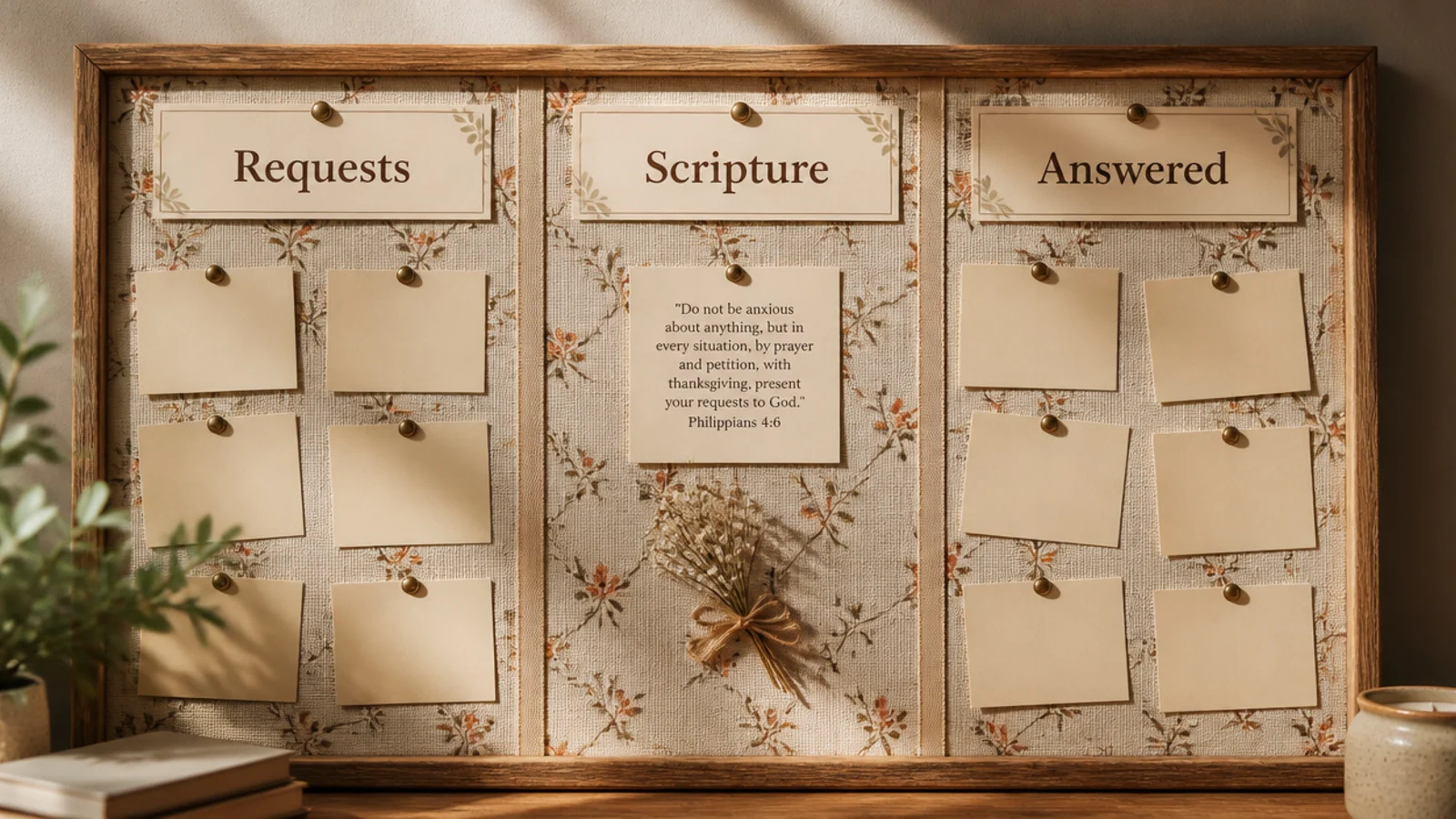 Printable header labels reading Requests, Scripture, and Answered, defining zones on a board.