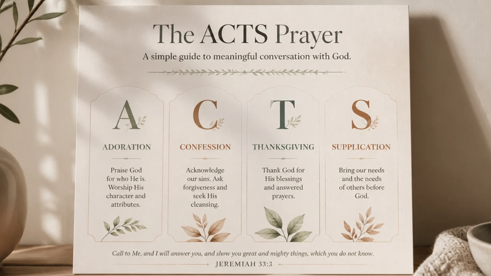 A printable guide card outlining the ACTS prayer method in four labeled sections on a board.