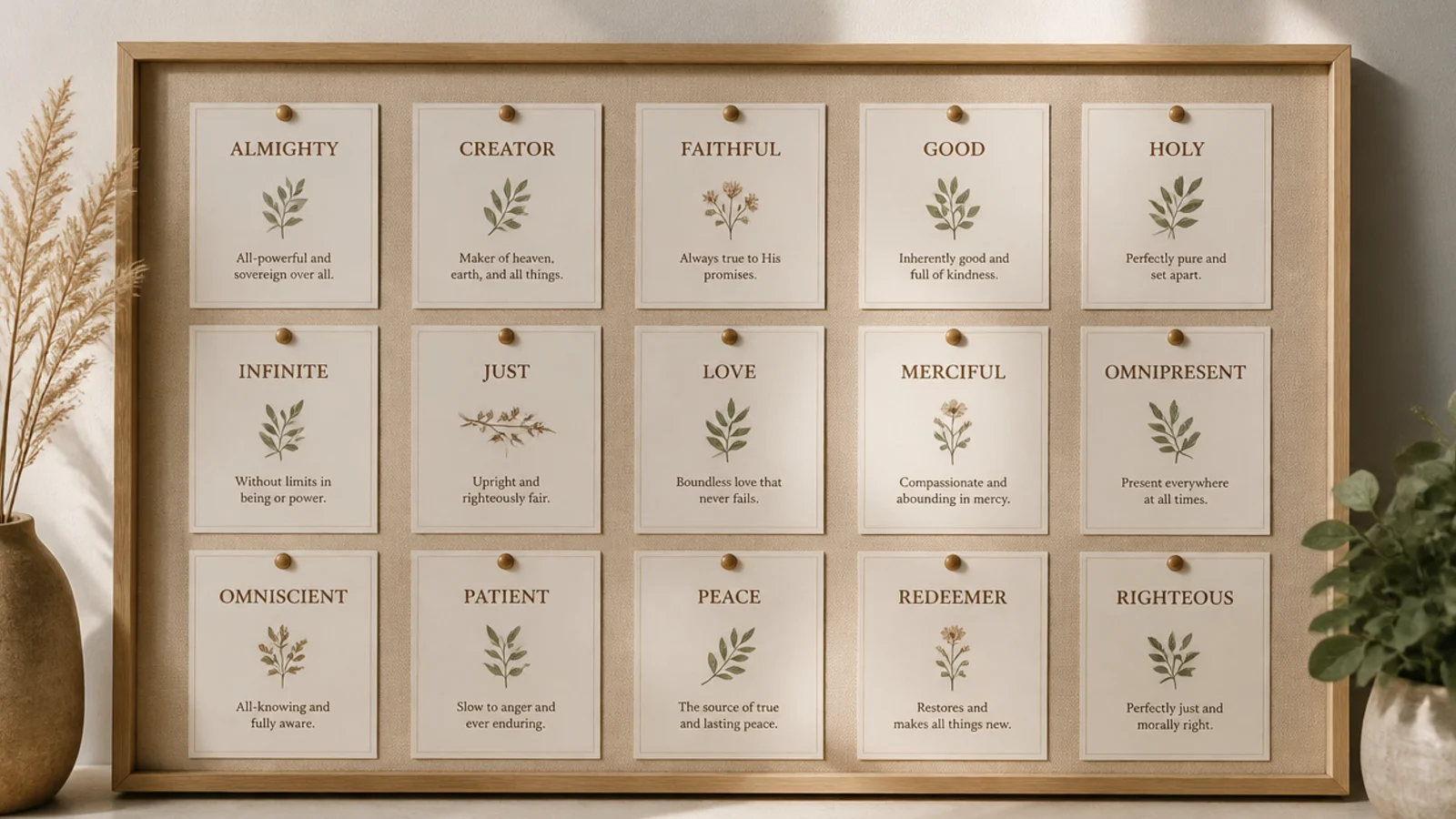 A printable set of cards each naming an attribute of God, arranged in a calm grid on a board.
