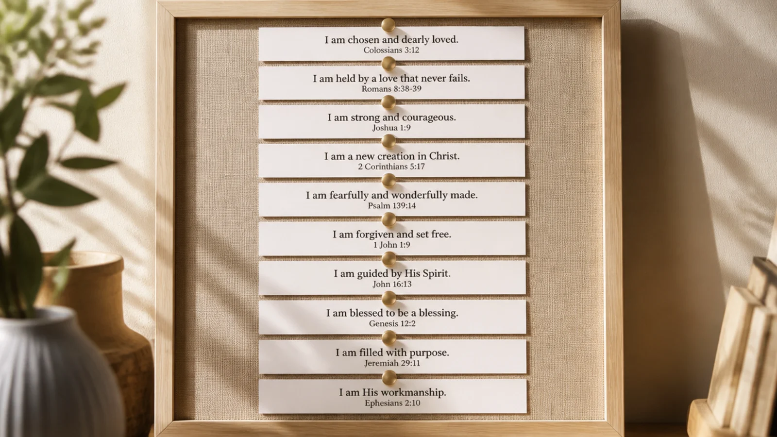 Narrow printable strips with short scripture-based truths lined up on a board.