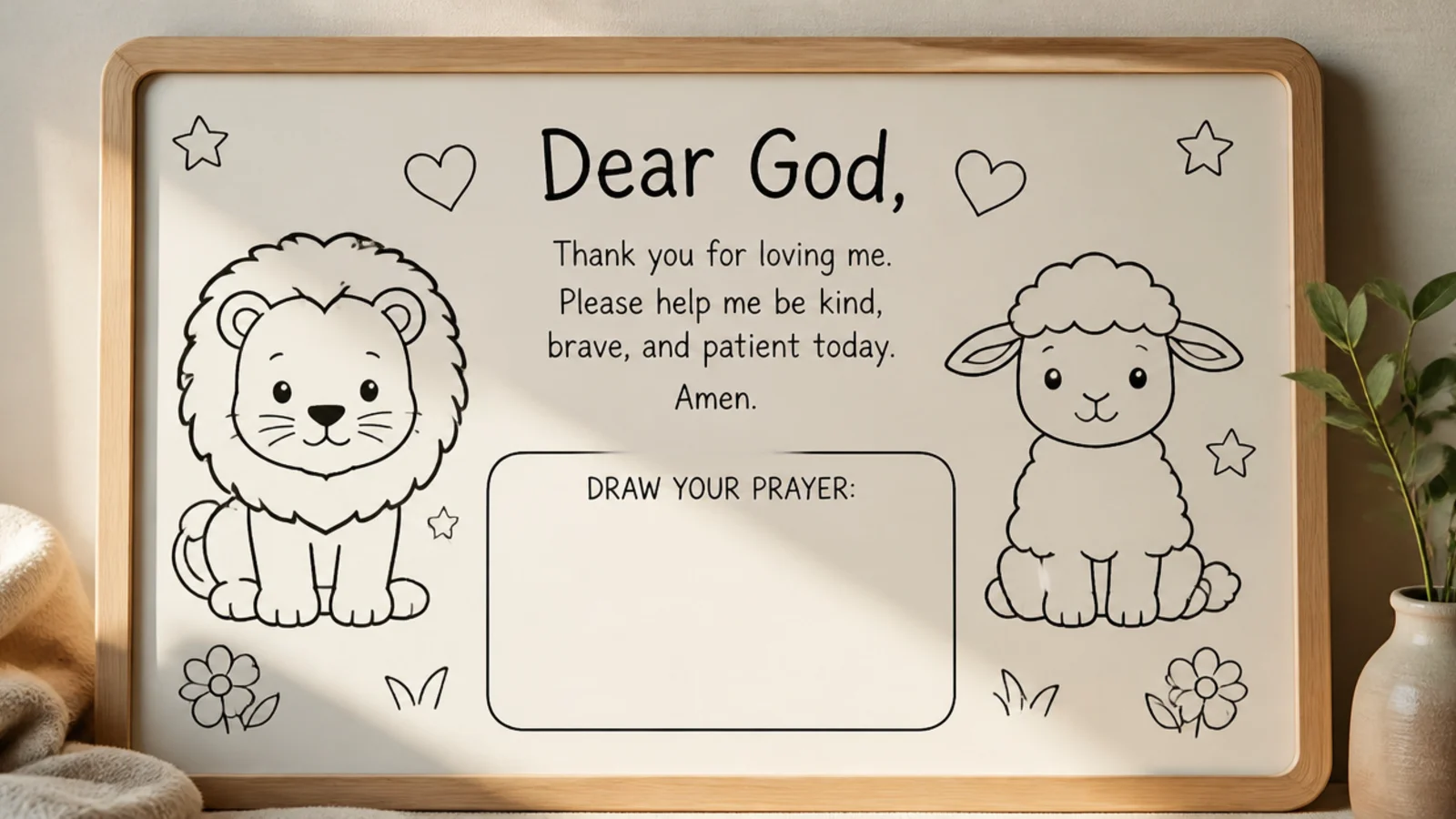 Printable outline cards for children to color, with a simple prayer and space to draw, on a board.