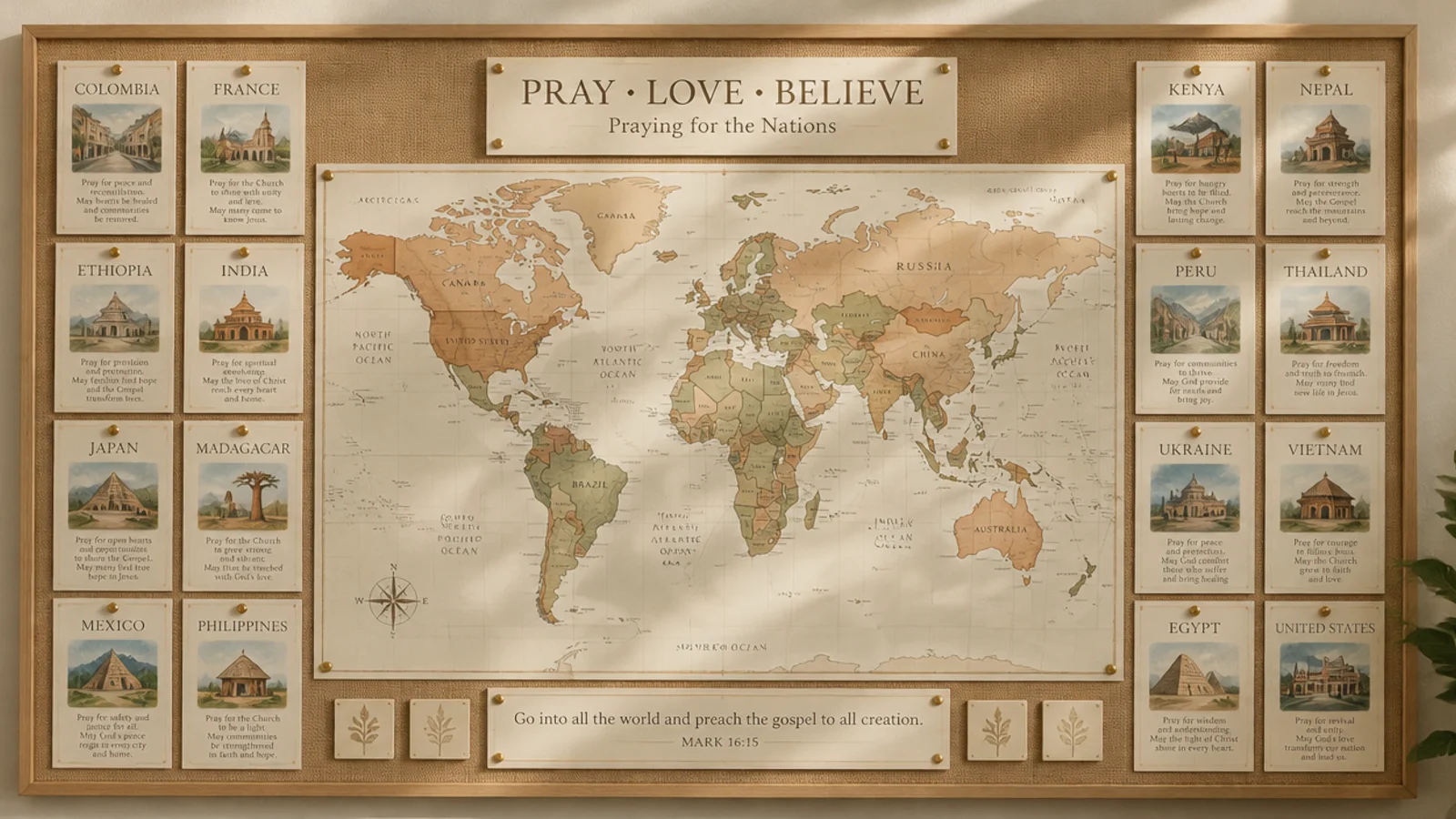 A printable world map plus small country cards for praying over nations, mounted on a board.