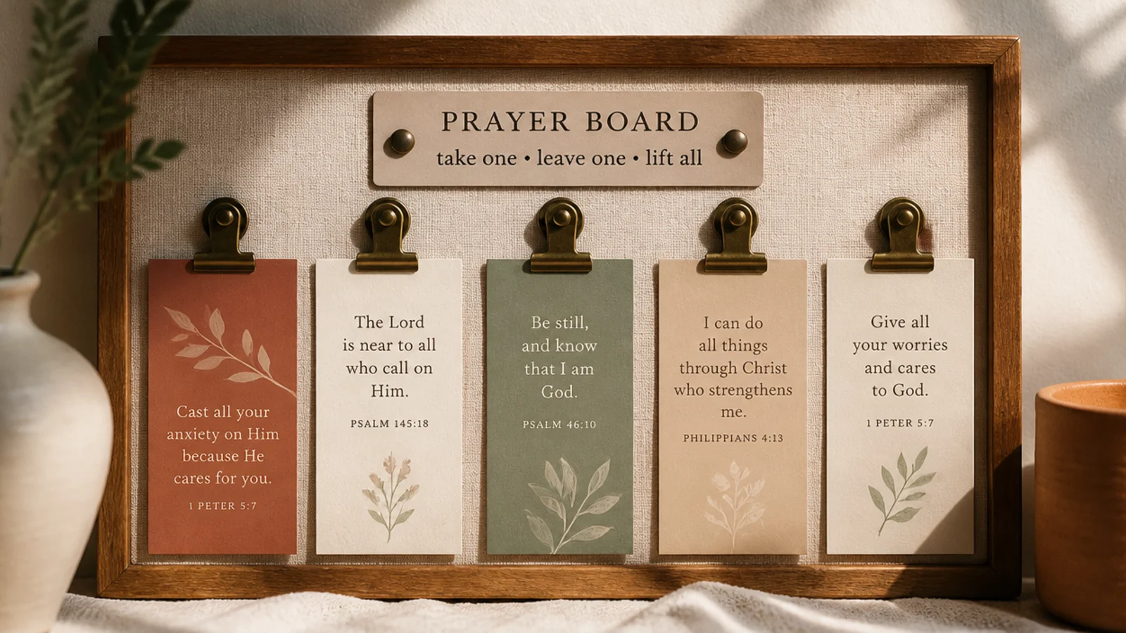 Printable scripture bookmarks clipped to a board, ready to pull out and tuck into a Bible.