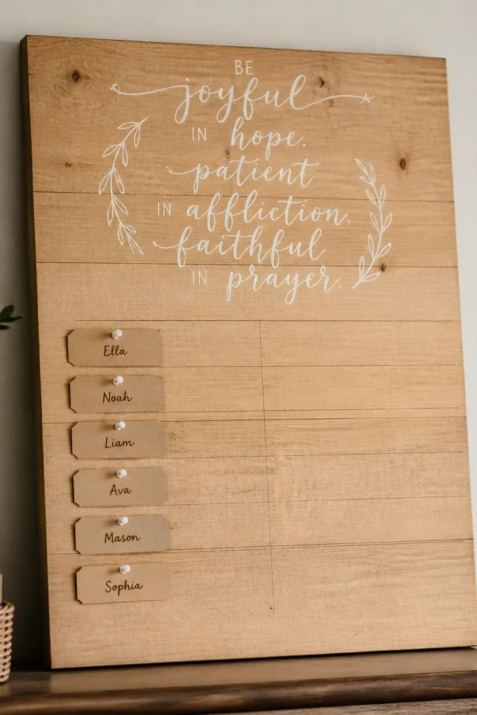 A 16x20 board made from light wood planks. A white paint-pen verse sits in the top third. The rest of the board has faint pencil guide lines and a simple pinned list of names.