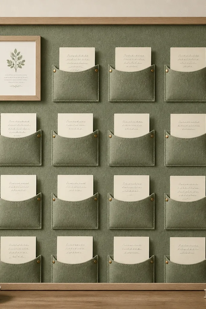 A prayer board with a sage felt background and a neat grid of small felt pockets. Each pocket holds a card with a handwritten intention. A single framed scripture tag sits in the upper left.