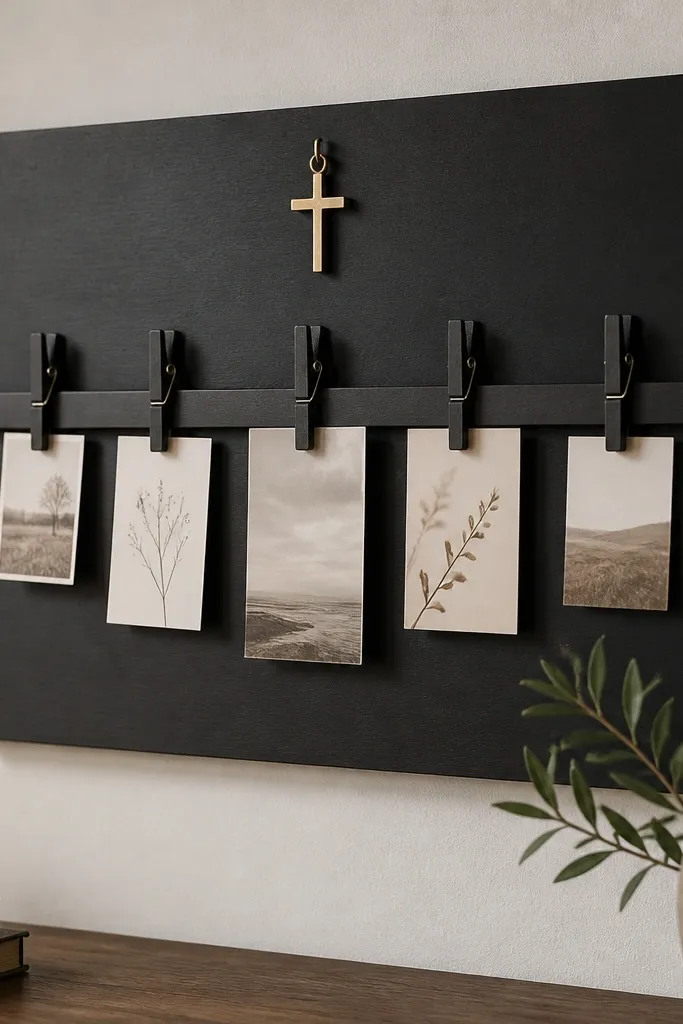 A black prayer board with a matte black horizontal clip strip across the center. Several small cards hang from clothespin-style clips. A small gold cross charm sits near the top.