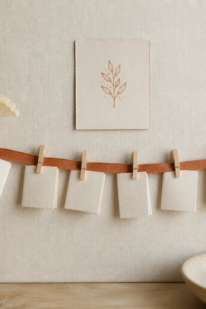 A light neutral board with a terracotta ribbon stretched horizontally. Small wooden mini clothespins hold tiny folded prayer notes. A small stamped scripture card sits above the ribbon.
