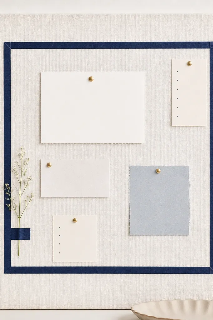 A board with a soft white background. Navy washi tape forms a rectangle frame around one printed prayer motto. Handwritten tiny bullet points sit just inside the frame.