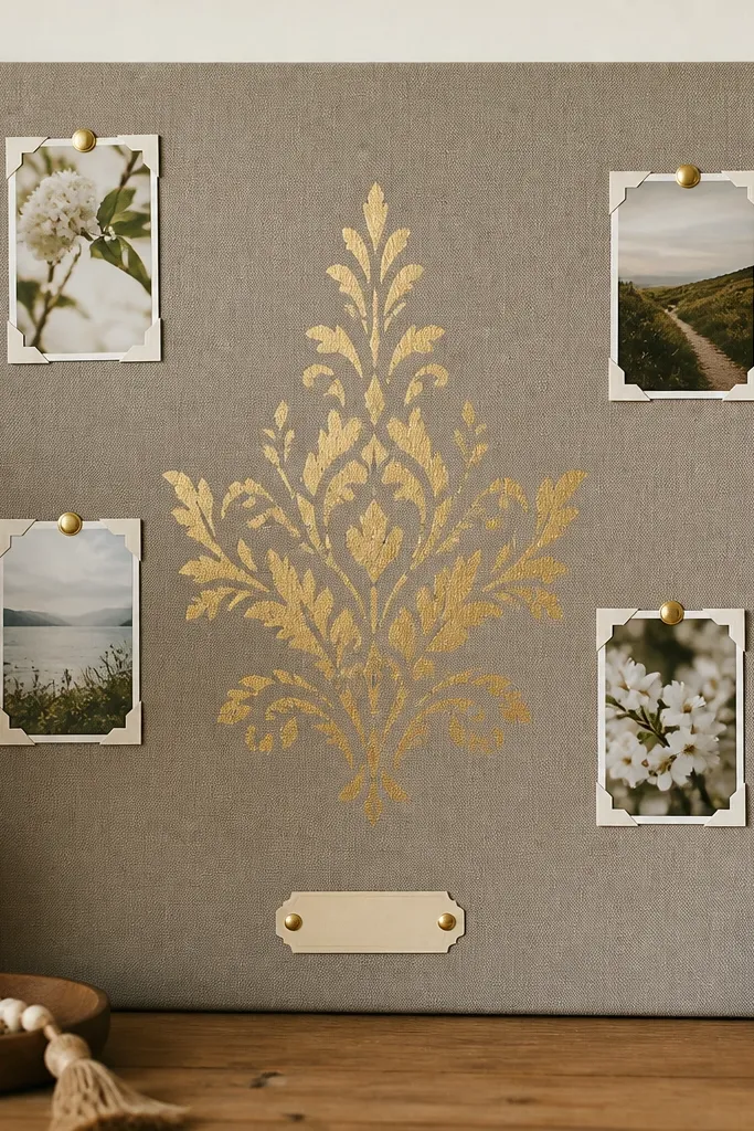 A taupe canvas prayer board with a gold stencil verse across the center. The rest of the board has a few pinned photo corners and one small label at the bottom.
