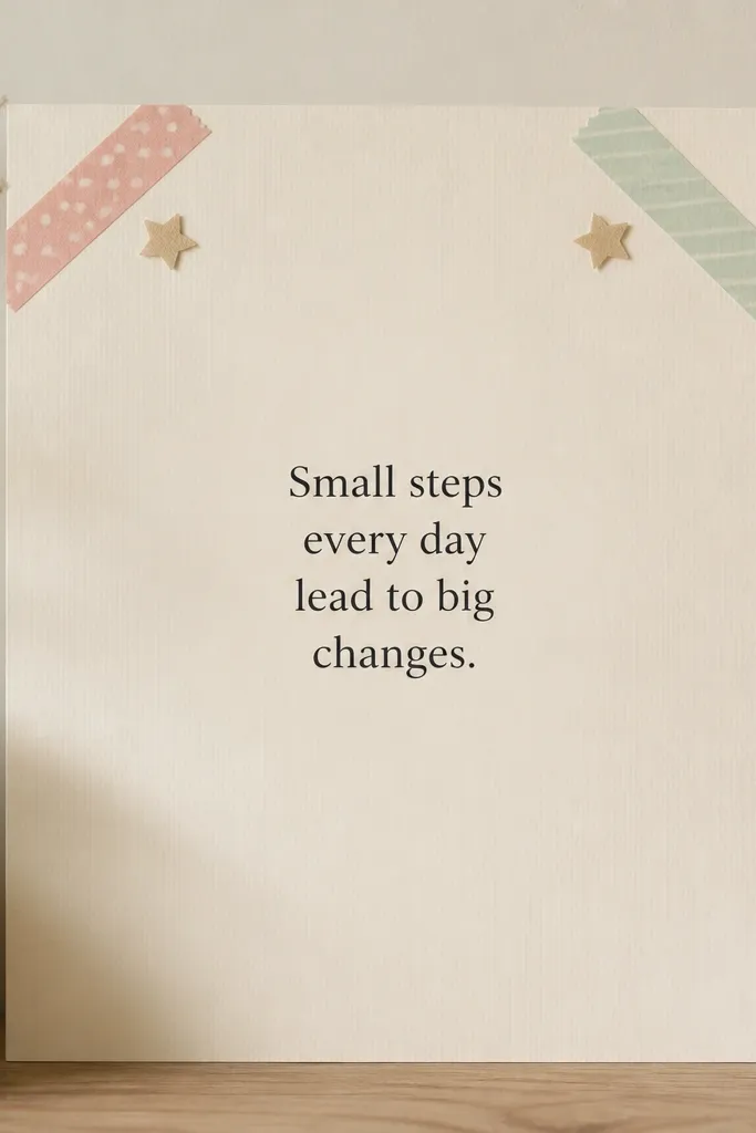 A cream board with a single centered printed quote. In the top corners, pastel washi tape forms small diagonal accents. Tiny cutout stars sit beside the tape.