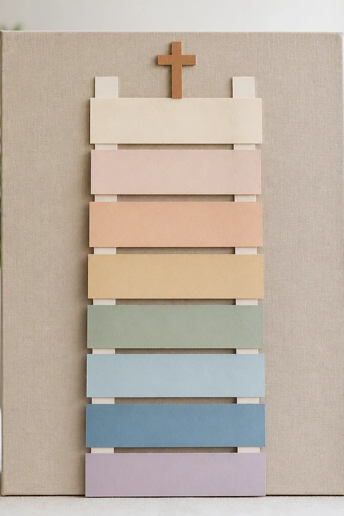 A board showing a vertical ladder made from stacked cardstock strips. Each step has a short prayer line. A small cross marker sits on the top step.