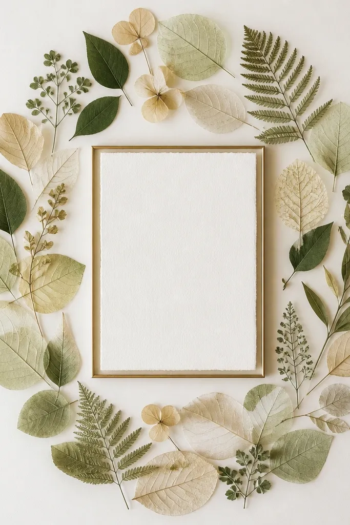 A board with pressed leaf shapes arranged in a soft oval. In the center, a framed scripture card sits. The leaves look real, slightly translucent, and the background is off-white.