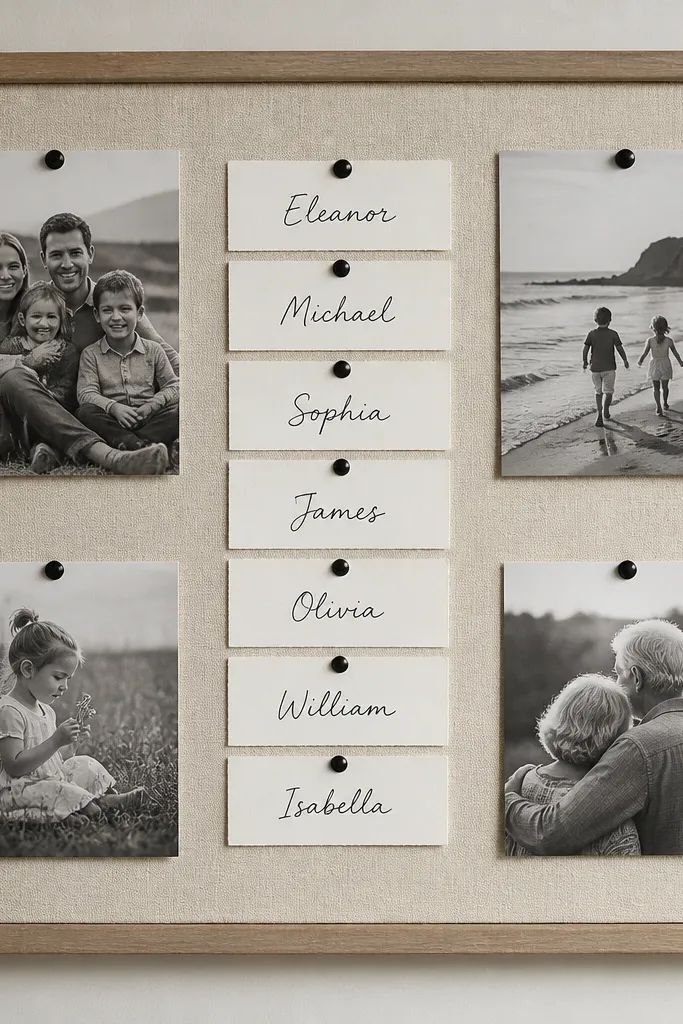 A board with black-and-white printed photos in the corners. The center has a clean list titled "Family." Names are handwritten on small white cards pinned with black tacks.