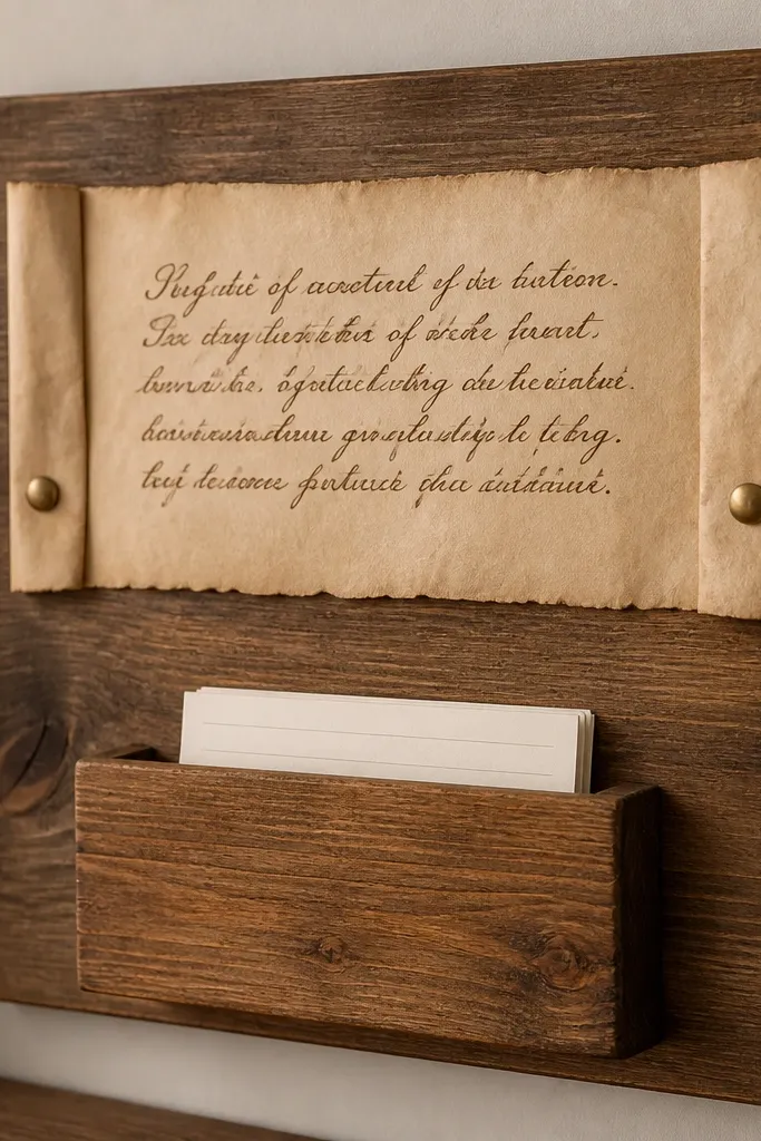 A board with a parchment-colored scroll across the upper half. Ends are tucked under with brads, and the scripture is written in dark brown ink. Below it, a small pocket holds index cards.