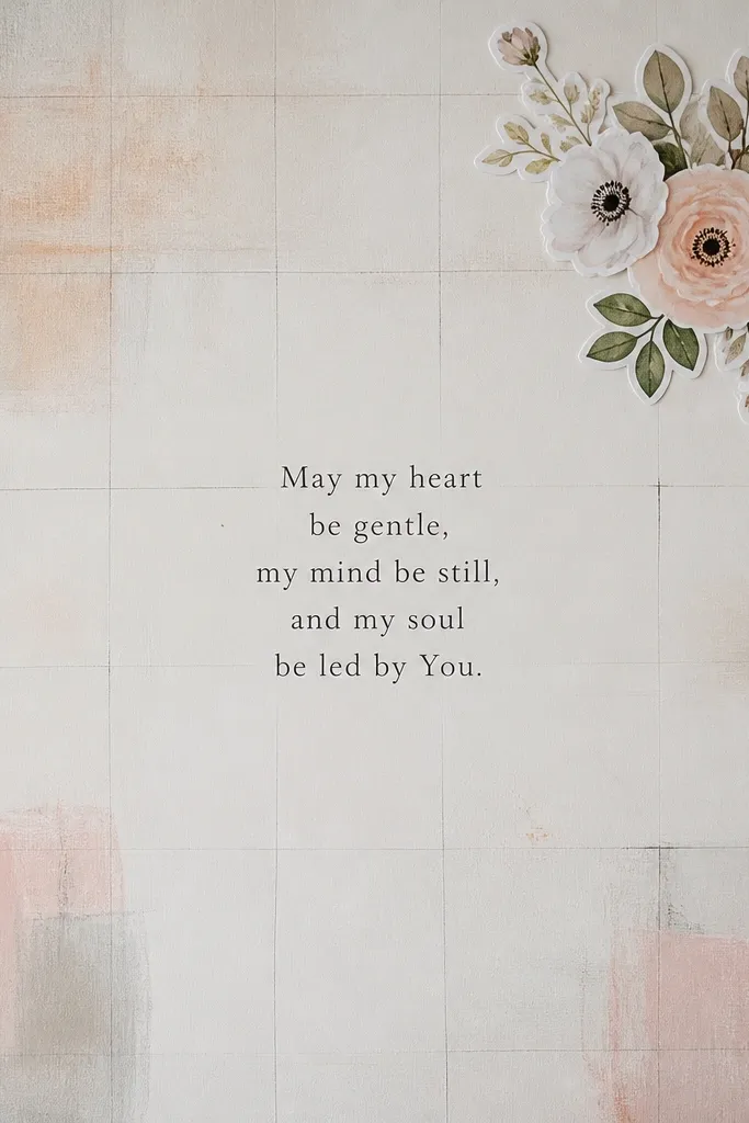 A board with a faint pastel grid drawn in pencil and light paint. One cluster of floral stickers sits at the top right. A single centered prayer quote sits in the middle.