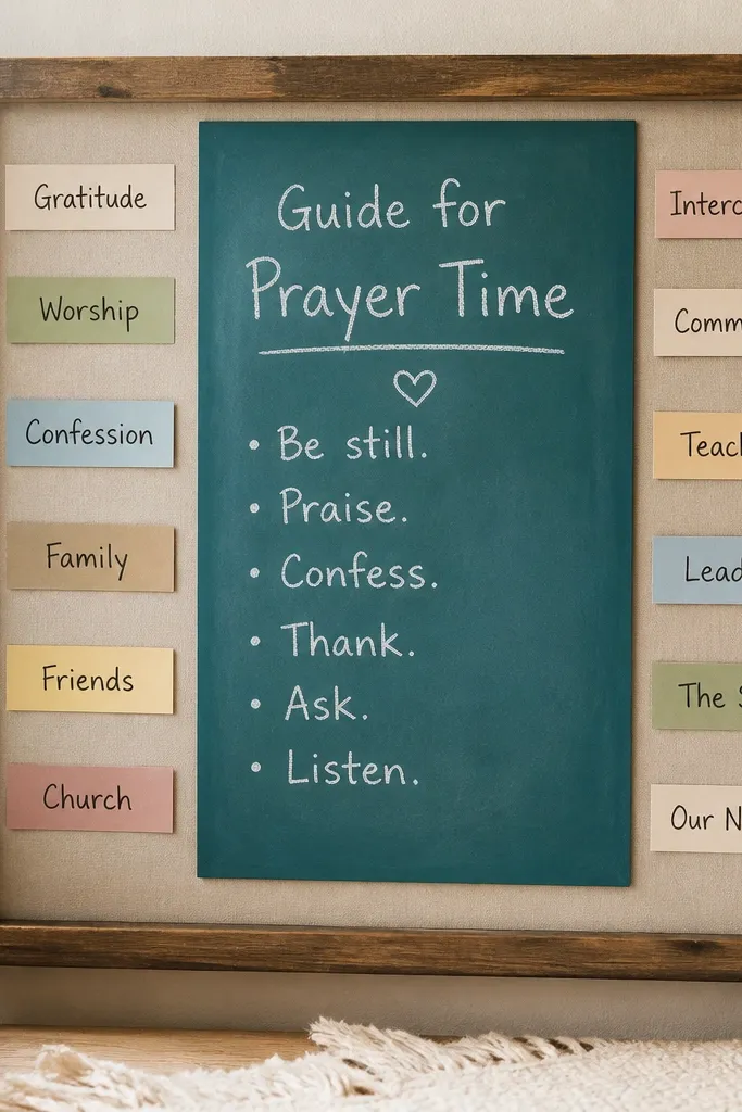 A board with a teal chalkboard rectangle in the center. White chalk writing is visible. Around it, peel-and-stick label strips hold categories like "Gratitude" and "Intercession."
