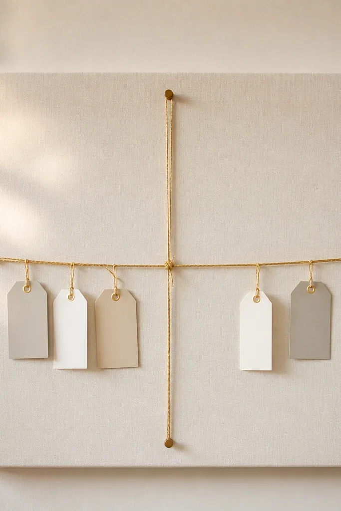 A board with a light background. Gold twine forms a small cross in the center, tied around two nails. Several hanging tags with names dangle from the cross arms.