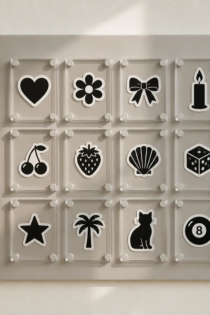 A board with a monochrome theme. Several black-and-white sticker icons sit in a grid. Clear acrylic rectangles cover the icons like little windows.
