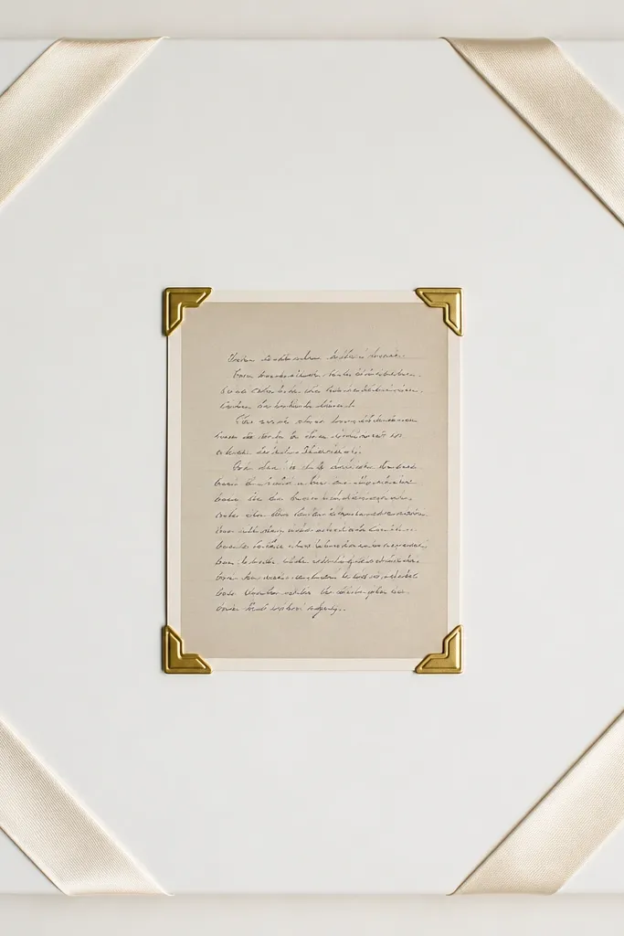 A board with a white background. Two satin ribbons run diagonally to form corners, each holding a corner clip. A small photo of a handwritten verse sits centered.