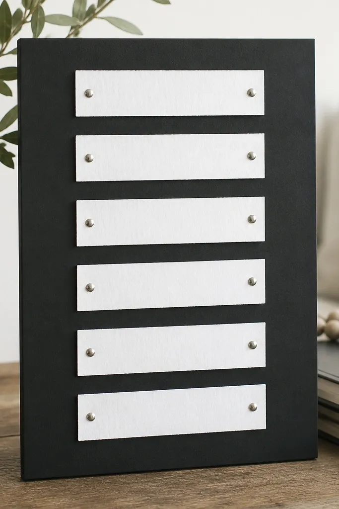 A black cardstock prayer board. White label strips with scripture fragments are arranged in a clean column. Small silver brads hold the labels in place.
