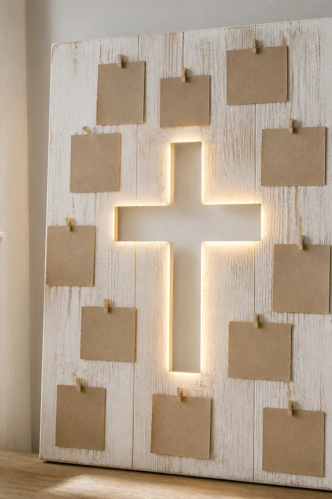 A whitewashed wood prayer board with a cutout cross in the center. Warm LEDs are placed behind the cross outline, and the surrounding area has small pinned verses on kraft paper cards.