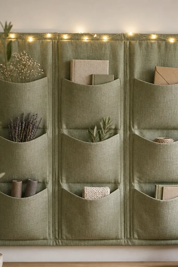 A sage green linen-covered board with three vertical rows of small fabric pockets. A strand of warm fairy lights runs along the top seam, with the glow reflecting lightly on the linen.