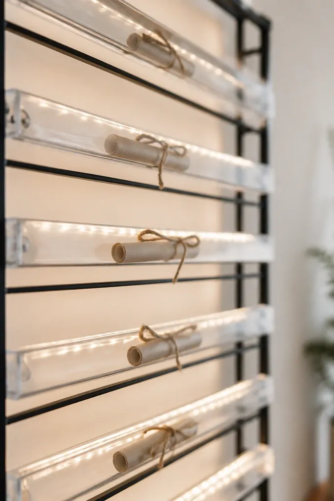 A black metal grid frame with clear acrylic strips hanging horizontally. Behind them, warm white LED strip lights create a backlit effect, and small paper scripture slips sit inside the acrylic.