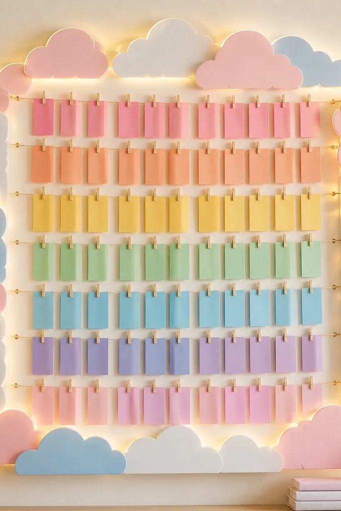 A pastel prayer board with a hand-drawn cloud border in soft pink and light blue. Warm white LEDs are placed behind the cloud shapes, and rainbow-colored prayer cards are arranged by color bands.