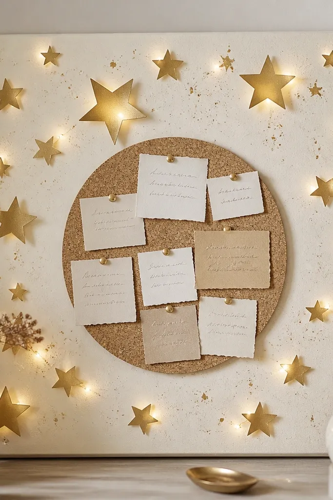 A cream prayer board with gold foil star cutouts scattered around the edges. Small warm twinkle lights are tucked behind the stars, and handwritten prayer notes sit in the center on a circular cork medallion.