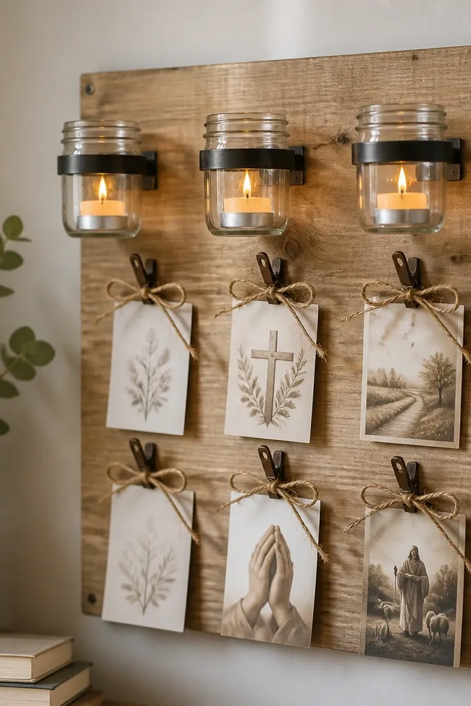 A light wood board with three small mason jar holders along the top. Inside each jar is a warm flicker LED tea light, and the rest of the board has pinned prayer cards tied with twine.