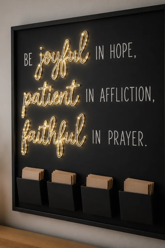 A black prayer board with white typography text reading a verse near the center. Warm white LED strip lights trace the outline of the verse lettering, and small sticky pockets hold requests at the bottom.