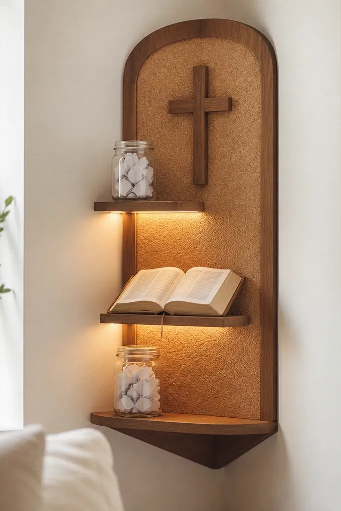 A corner-mounted prayer station with two small shelves holding jars of prayer slips. Warm LED strip lights run under each shelf, and the main board has a cork panel behind it.