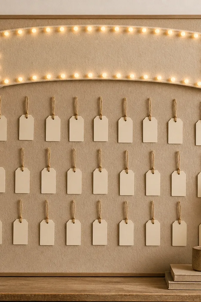A beige felt prayer board with a large felt banner across the top. Warm LED marquee dot lights are arranged like small circles along the banner edges, and tiny prayer tags hang from it.