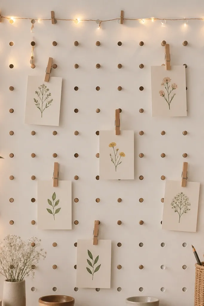 A white pegboard with evenly spaced wooden pegs. Warm fairy lights are clipped along the top and sides, and small handwritten cards hang from clothespins.