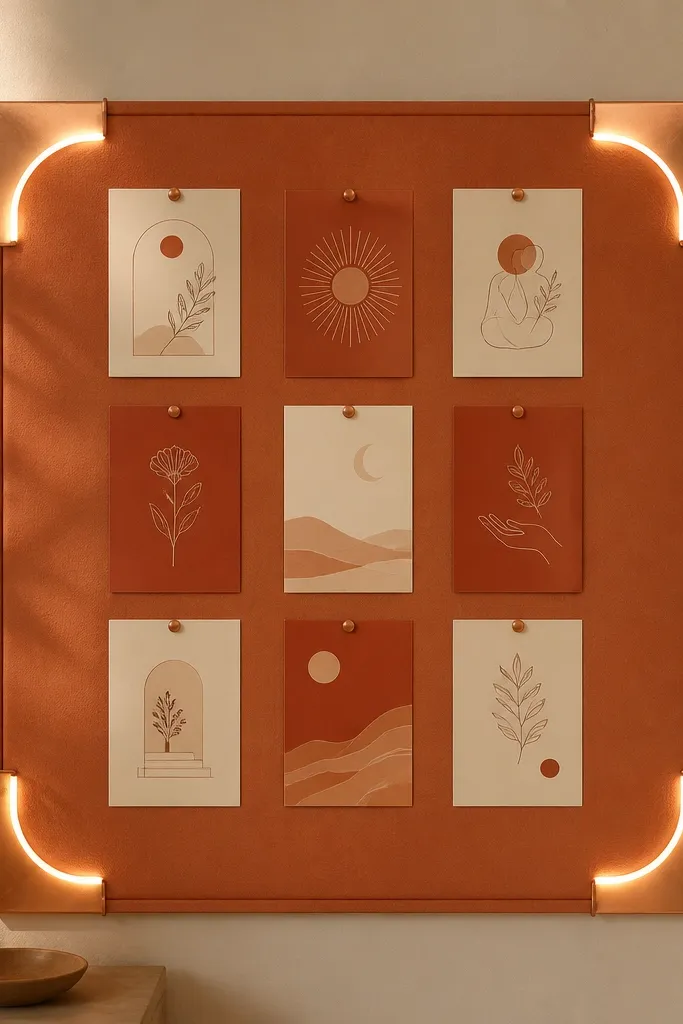 A terracotta-orange board with copper-colored corner accents. Warm LED strip lights run only in the four corners, and prayer cards in cream and rust colors are pinned in the center grid.