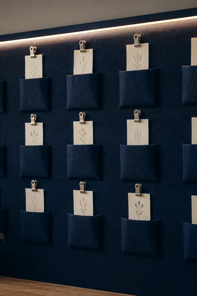 A deep navy board covered with small fabric pockets. A single warm white LED strip forms a straight line across the top, and silver-toned clips hold prayer slips in place.