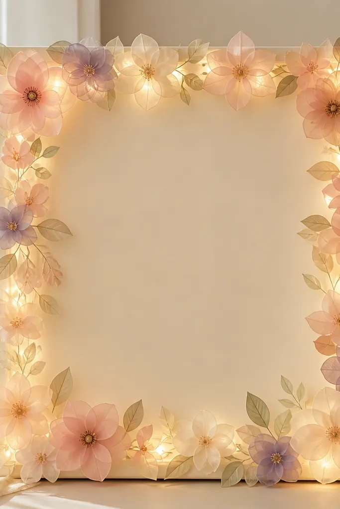 A cream prayer board with a floral border made of pastel vellum flower cutouts. Warm LEDs are hidden behind the flowers, and the center has a blank space for handwritten prayers.