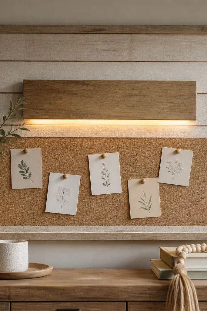 A shiplap-textured wood prayer board with a centered name plate. A warm LED strip is hidden under the plate, and below it is a cork section with pinned prayer cards.
