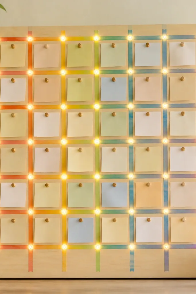 A light wood prayer board covered in a grid made from rainbow washi tape. Mini warm LED dots sit at grid intersections, and each cell holds a small prayer note pinned with a thumbtack.