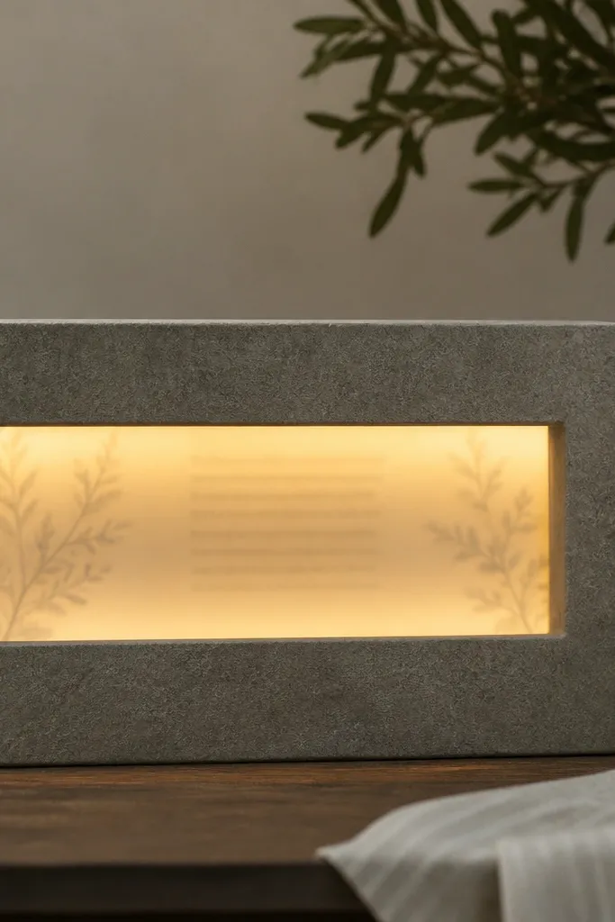 A gray stone-textured prayer board with a rectangular window in the center. Warm LEDs light from behind the window, and a strip of printed scripture sits on frosted vellum inside.