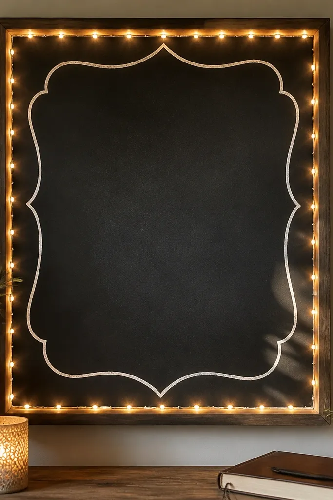 A matte blackboard prayer board with white chalk-style handwriting. Warm LED strip lights run along the border and trace a hand-drawn chalk line around the text area.