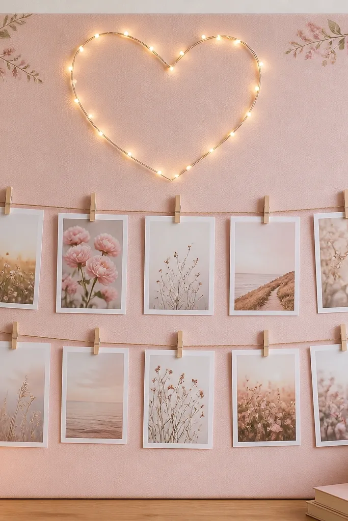 A light pink prayer board with a small floral pattern in the corner. Warm fairy lights form a heart outline near the top, and prayer cards hang below on clothespins.