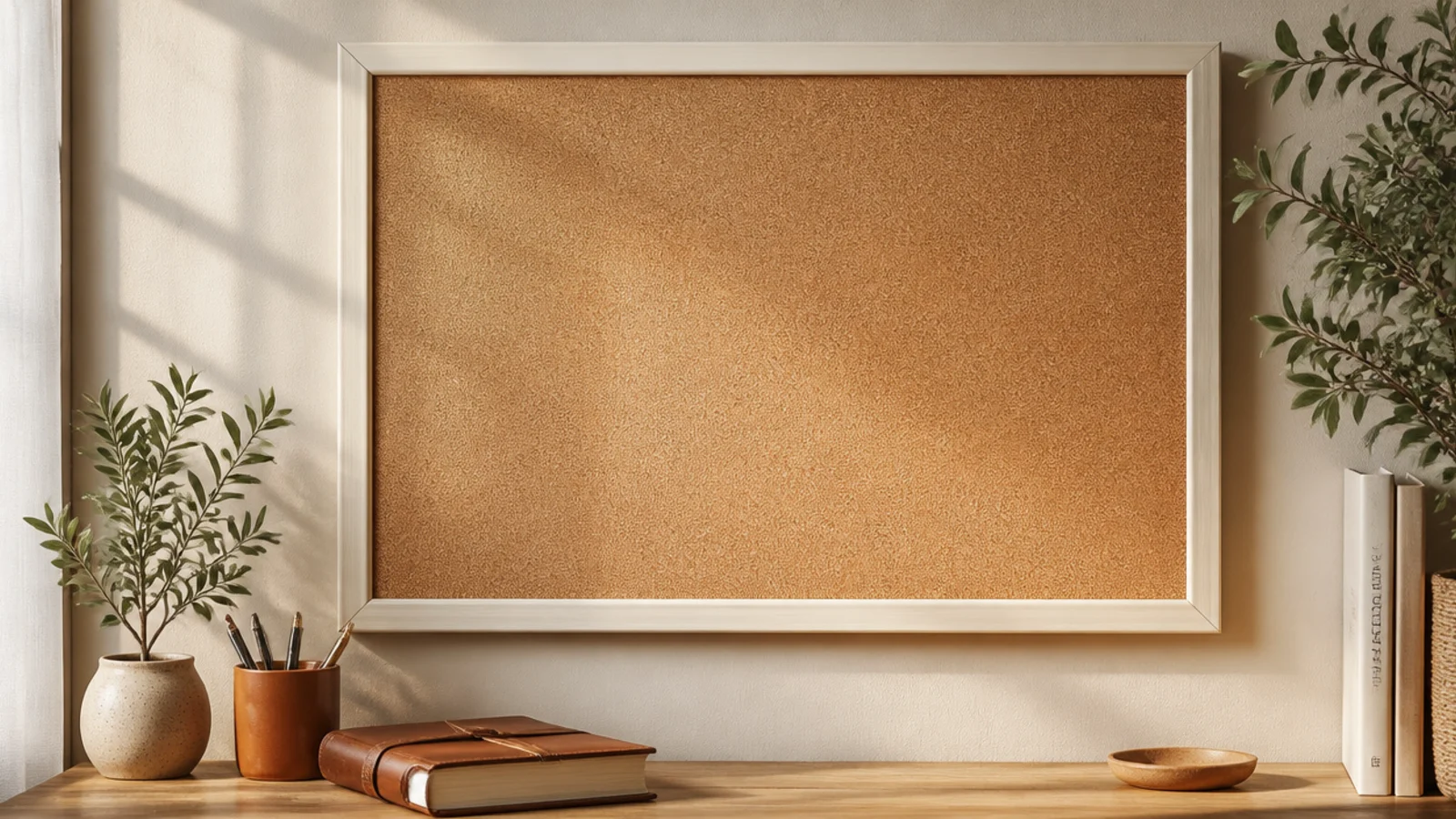 A blank cream-framed cork board mounted on a sunlit wall above a small desk, ready to set up.
