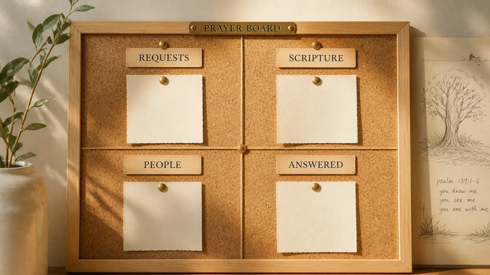 A paper sketch beside a board mapping out four labeled zones - requests, scripture, people, answered.